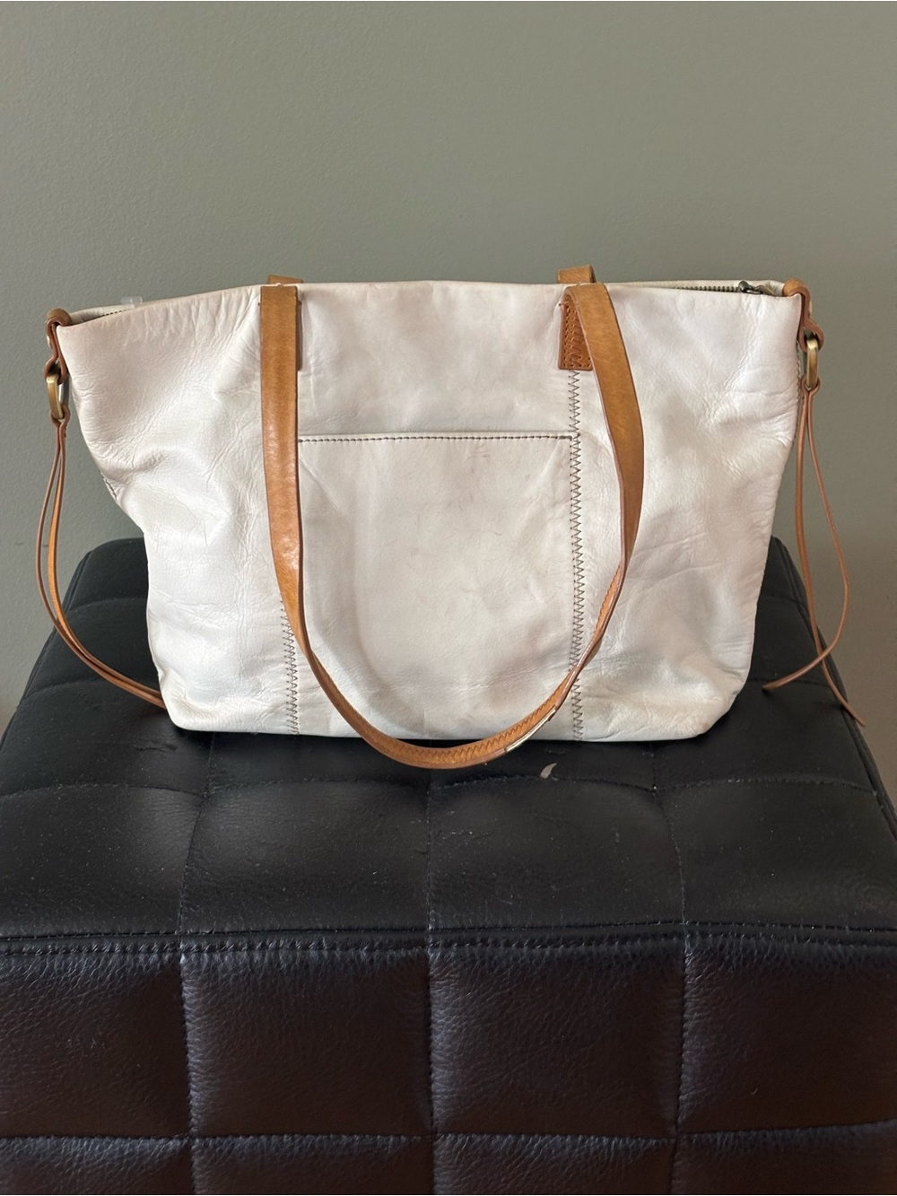 HOBO Cecily Leather Mini Tote Bag - Cream Latte with Brown Leather Handles